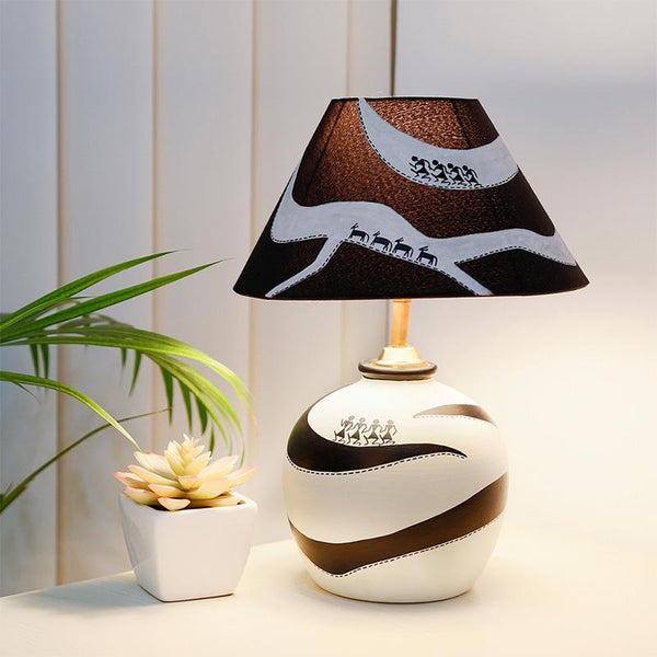 Warli Hand-Painted Monochrome Terracotta Table Lamp Crafted by Traditional Artisans