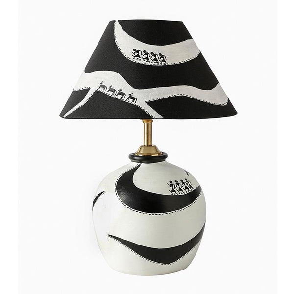 Warli Hand-Painted Monochrome Terracotta Table Lamp Crafted by Traditional Artisans