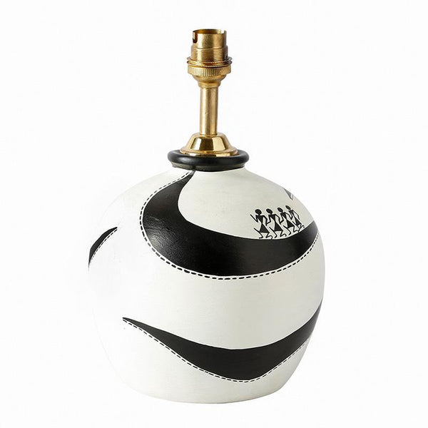 Warli Hand-Painted Monochrome Terracotta Table Lamp Crafted by Traditional Artisans