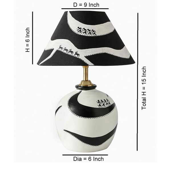 Warli Hand-Painted Monochrome Terracotta Table Lamp Crafted by Traditional Artisans