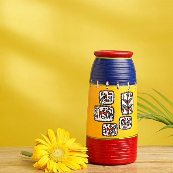 Elongated Tumbler-Shaped Terracotta Vase Created by Traditional Artisans - Red, Blue and Yellow