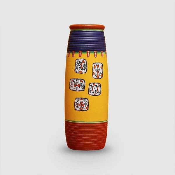 Elongated Tumbler-Shaped Terracotta Vase Created by Traditional Artisans - Red, Blue and Yellow