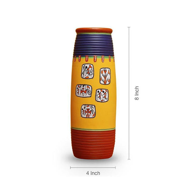 Elongated Tumbler-Shaped Terracotta Vase Created by Traditional Artisans - Red, Blue and Yellow