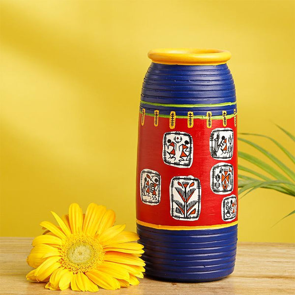 Elongated Tumbler-Shaped Terracotta Vase Created by Traditional Artisans - Red and Blue