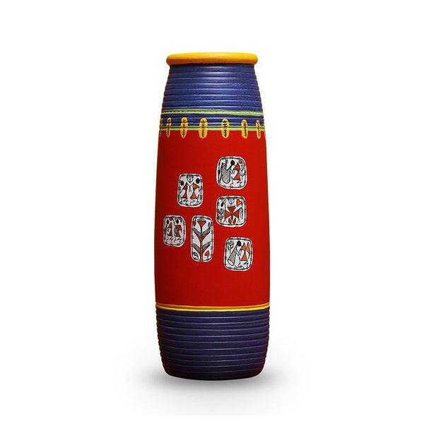 Elongated Tumbler-Shaped Terracotta Vase Created by Traditional Artisans - Red and Blue
