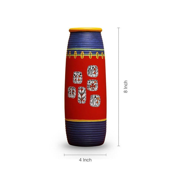 Elongated Tumbler-Shaped Terracotta Vase Created by Traditional Artisans - Red and Blue