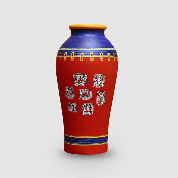 Elongated Urn-Shaped Terracotta Vase Created by Traditional Artisans - Red and Blue