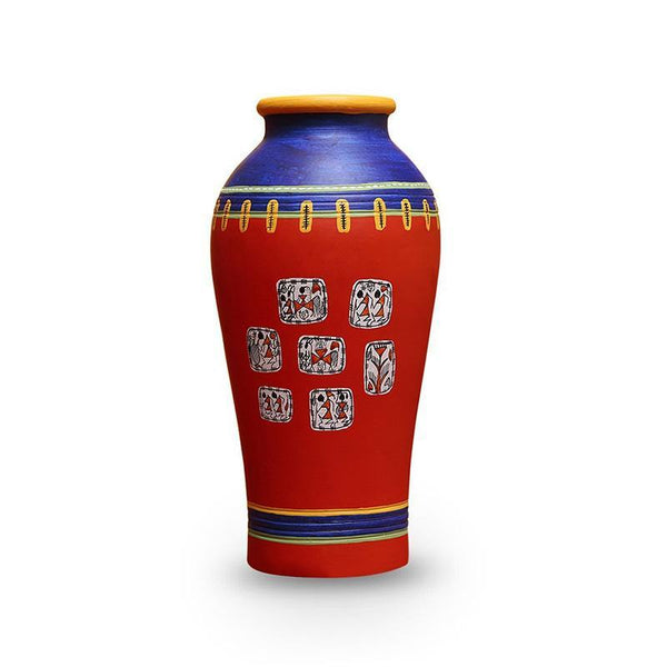 Elongated Urn-Shaped Terracotta Vase Created by Traditional Artisans - Red and Blue