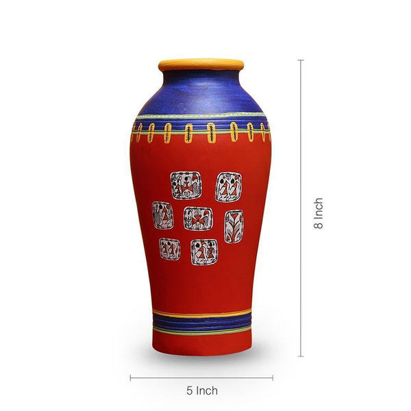Elongated Urn-Shaped Terracotta Vase Created by Traditional Artisans - Red and Blue