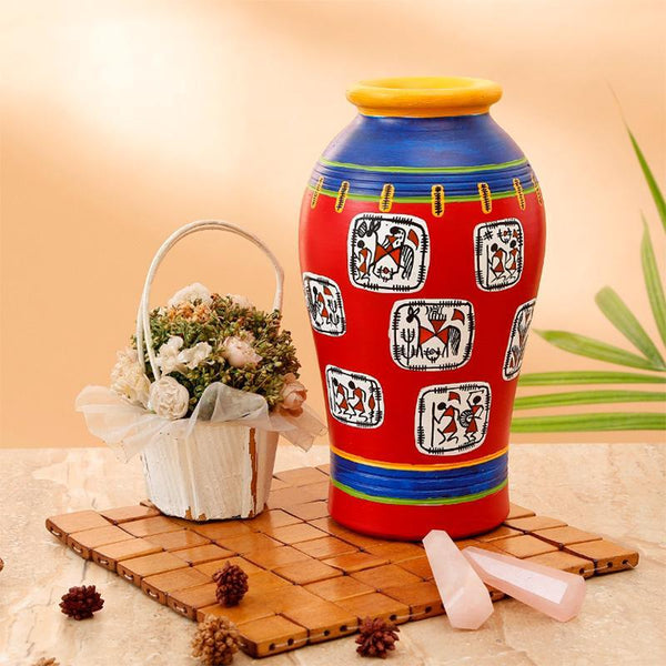 Elongated Urn-Shaped Terracotta Vase Created by Traditional Artisans - Red and Blue