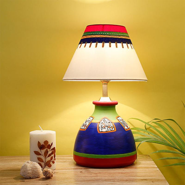 Hand-Painted Terracotta Flat Matki Shaped Table Lamp created by Traditional Artisans