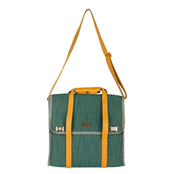Washed Denim Laptop Bag Handmade by Women Artisans - Blue and Yellow