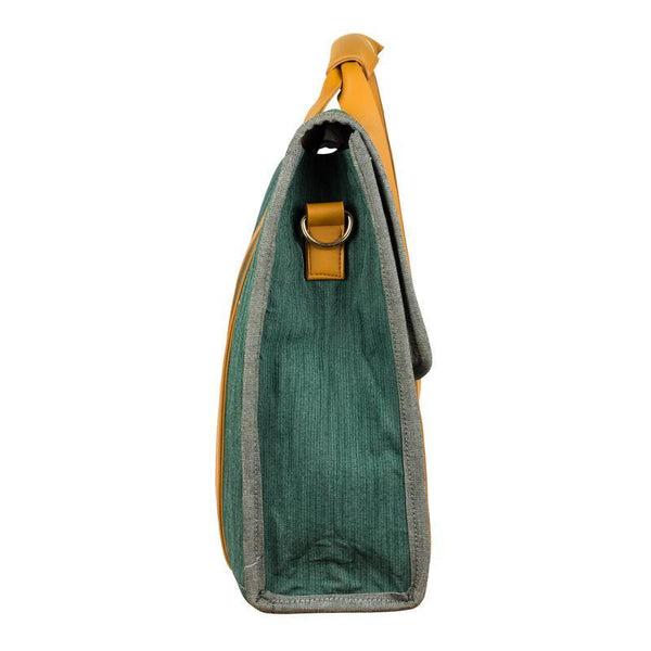Washed Denim Laptop Bag Handmade by Women Artisans - Blue and Yellow