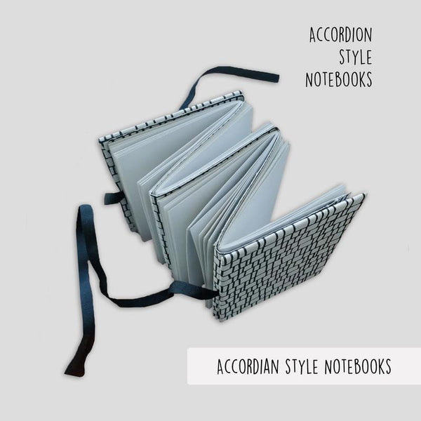 White Accordion Style Handmade Paper Journal with Black Lines (4 sets of 18 pages each)