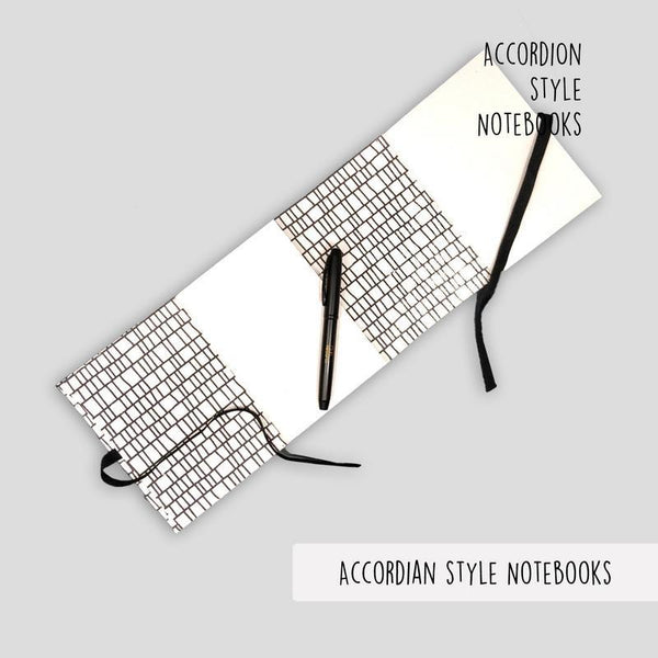 White Accordion Style Handmade Paper Journal with Black Lines (4 sets of 18 pages each)