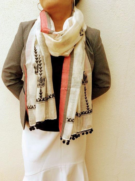 White Black Chanderi Stole with Kantha Embroidery