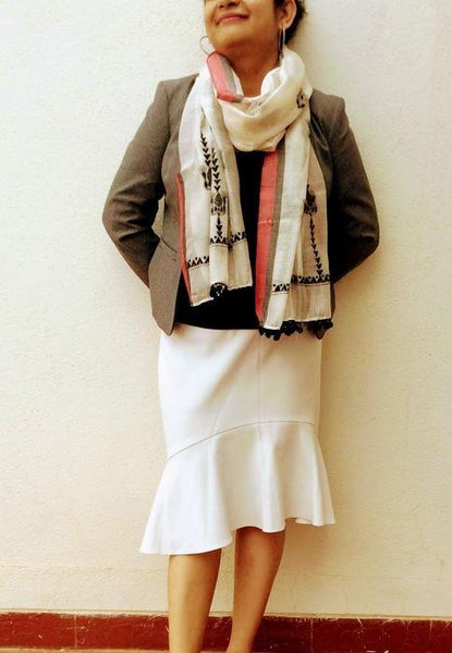 White Black Chanderi Stole with Kantha Embroidery