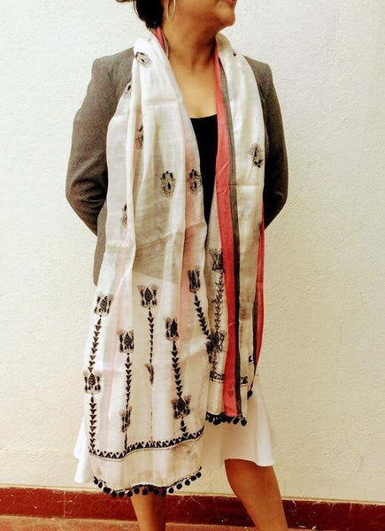 White Black Chanderi Stole with Kantha Embroidery