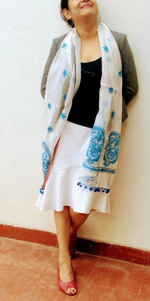White Blue Chanderi Stole with Kantha Embroidery