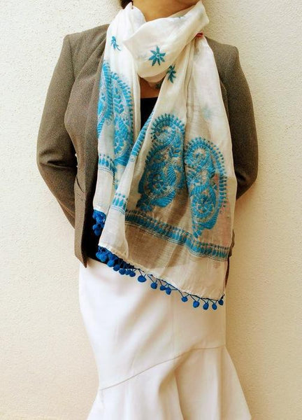 White Blue Chanderi Stole with Kantha Embroidery