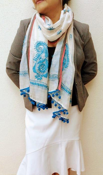 White Blue Chanderi Stole with Kantha Embroidery