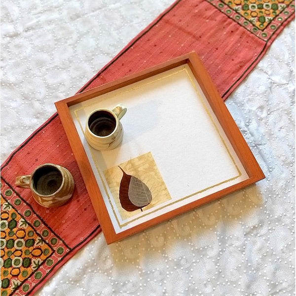 Handcrafted Square Serving Tray embellished with a Dried Peepal Leaf (White)