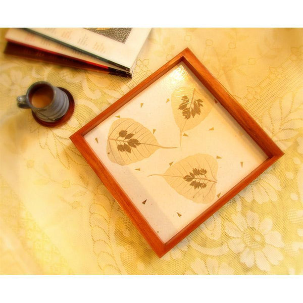 Handcrafted Square Serving Tray embellished with Dried Peepal Leaves (White)