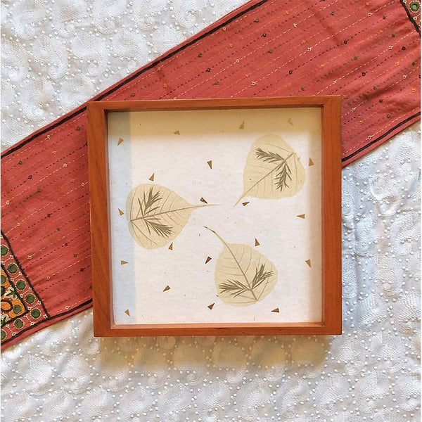 Handcrafted Square Serving Tray embellished with Dried Peepal Leaves (White)