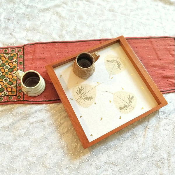 Handcrafted Square Serving Tray embellished with Dried Peepal Leaves (White)