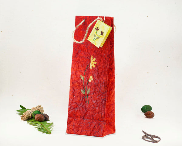 Floral Recycled Paper Wine Bag Handmade by Women Artisans (Red)