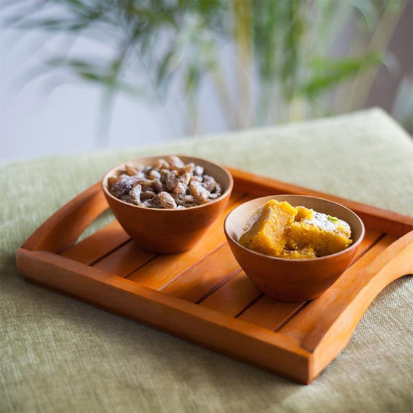 Hand-Carved Wooden Bowl Set With Wooden Tray (Orange) created by Traditional Artisans