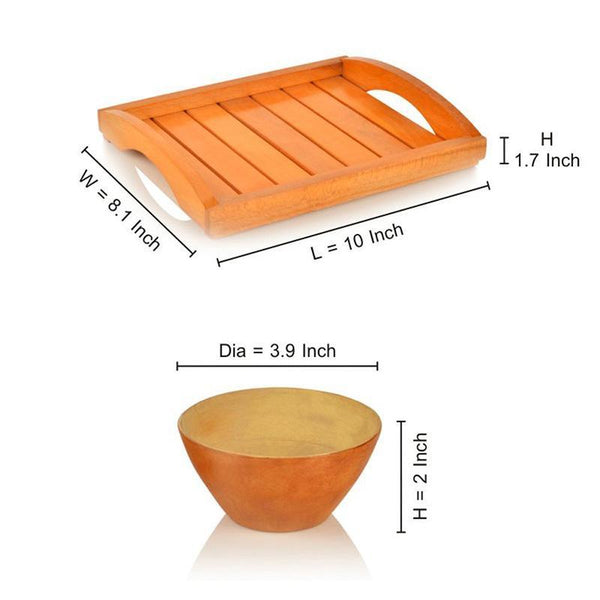 Hand-Carved Wooden Bowl Set With Wooden Tray (Orange) created by Traditional Artisans