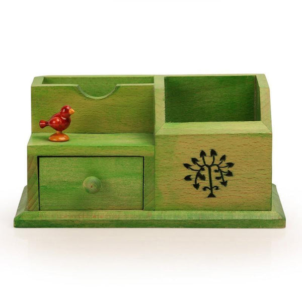 Hand-Carved Wooden Multipurpose Table Organiser (Green) created by Traditional Artisans