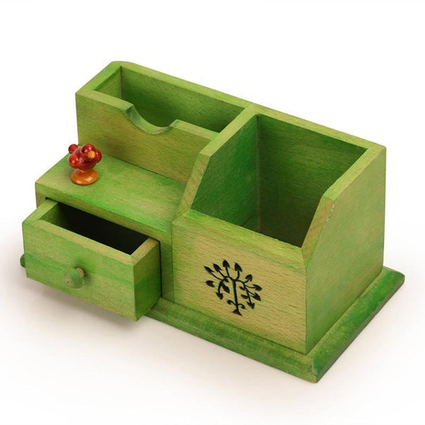 Hand-Carved Wooden Multipurpose Table Organiser (Green) created by Traditional Artisans