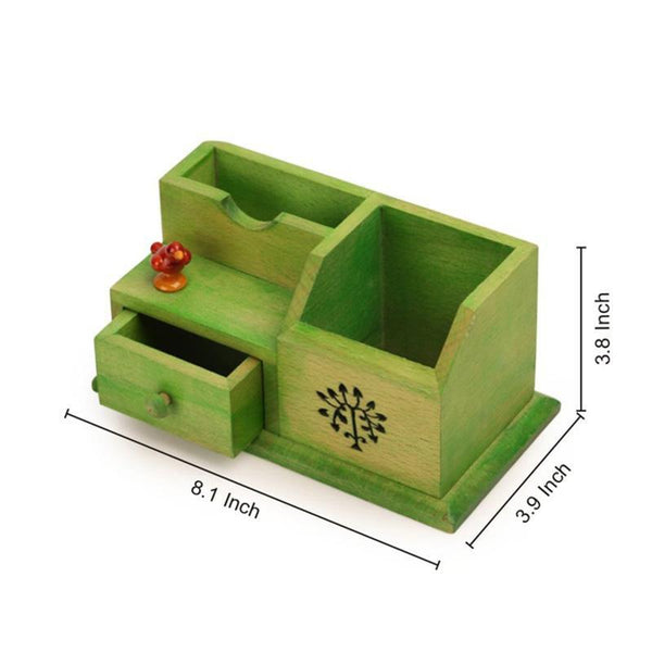 Hand-Carved Wooden Multipurpose Table Organiser (Green) created by Traditional Artisans
