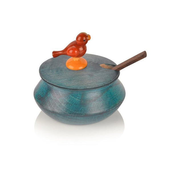 Handcrafted Wooden Jar Set With Tray and Spoon - Blue