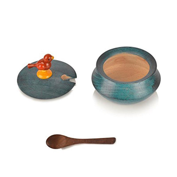 Handcrafted Wooden Jar Set With Tray and Spoon - Blue