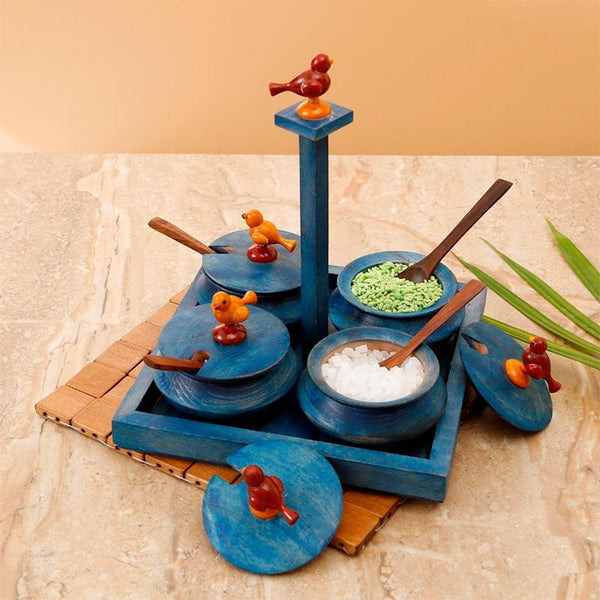 Handcrafted Wooden Jar Set With Tray and Spoon - Blue