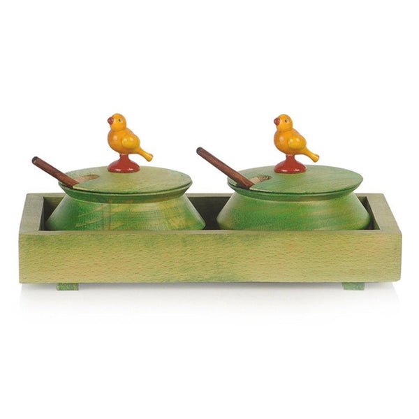 Rectangular Wooden Parrot Jar Set With Tray & Spoon - Green