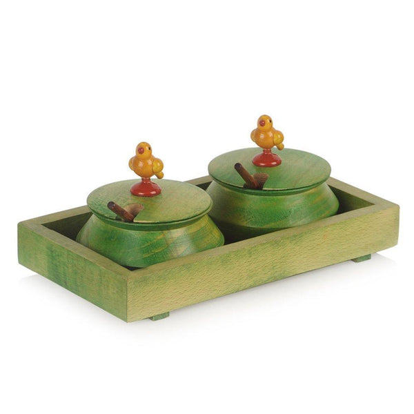 Rectangular Wooden Parrot Jar Set With Tray & Spoon - Green