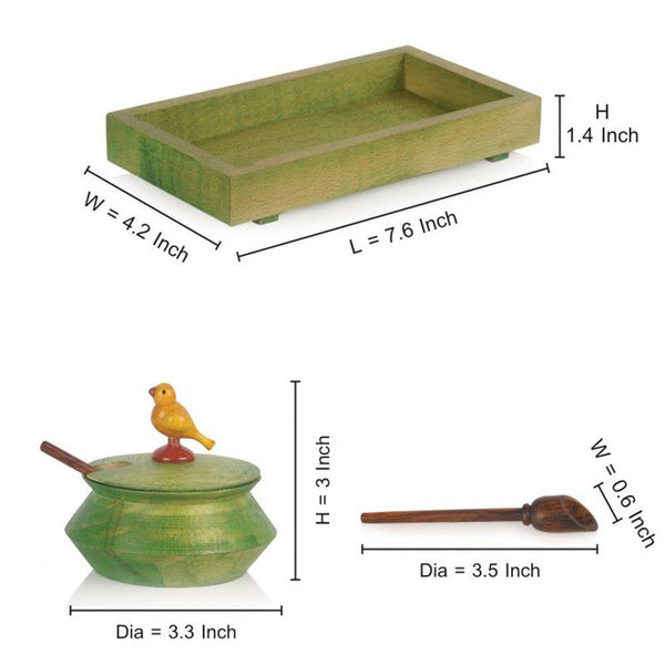 Rectangular Wooden Parrot Jar Set With Tray & Spoon - Green