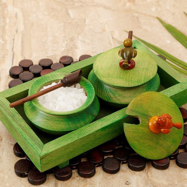 Rectangular Wooden Parrot Jar Set With Tray & Spoon - Green