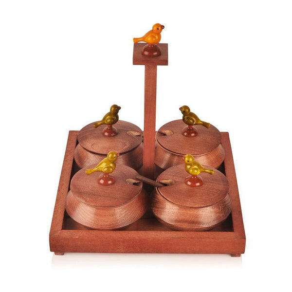 Handcrafted Wooden Jar Set With Tray and Spoon - Red