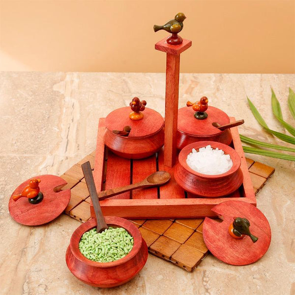 Handcrafted Wooden Jar Set With Tray and Spoon - Red