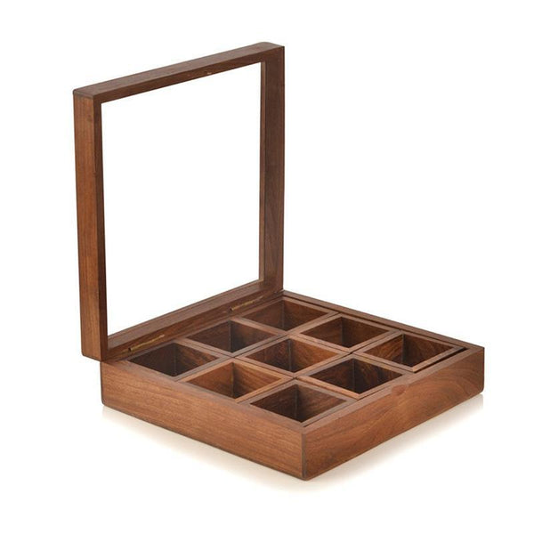 Sheesham Wood Square Spice Box with Spoon Crafted by Traditional Artisans