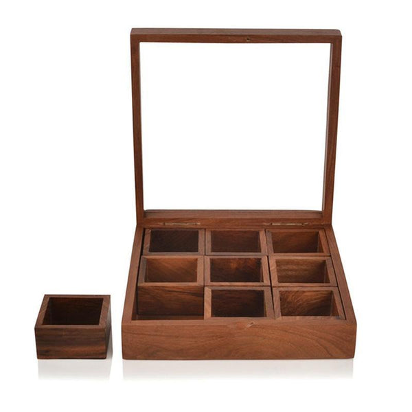 Sheesham Wood Square Spice Box with Spoon Crafted by Traditional Artisans