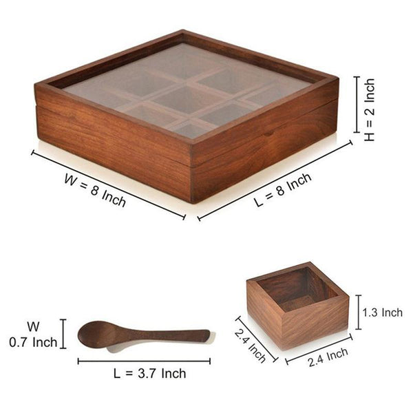 Sheesham Wood Square Spice Box with Spoon Crafted by Traditional Artisans