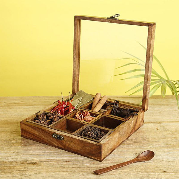 Sheesham Wood Square Spice Box with Spoon Crafted by Traditional Artisans