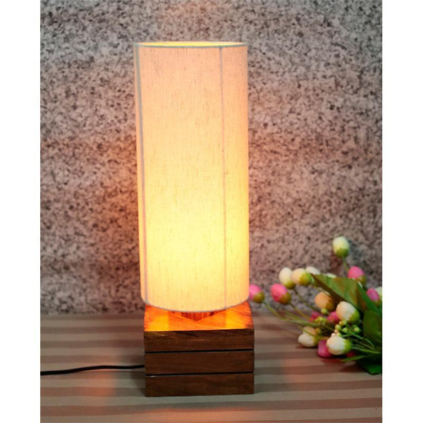 Handcrafted Wooden Table Lamp with Round Shade and Square Base