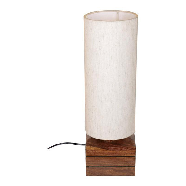 Handcrafted Wooden Table Lamp with Round Shade and Square Base